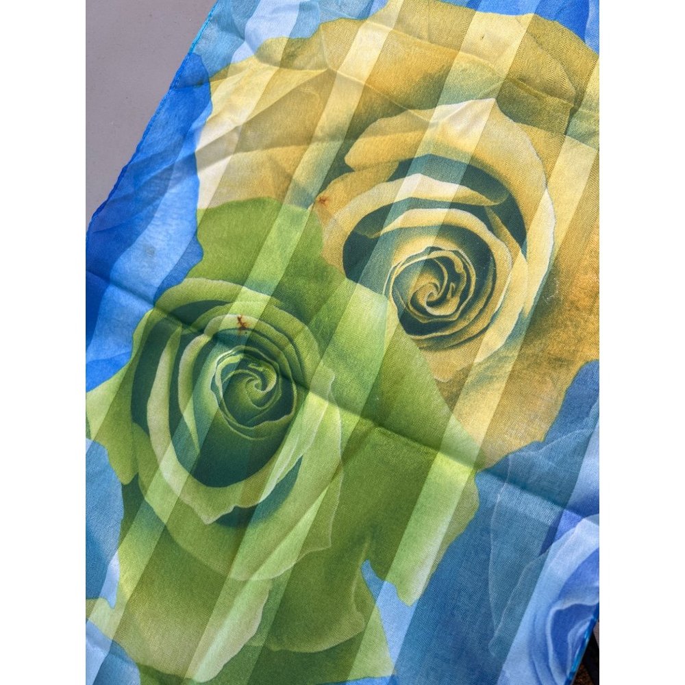 Vintage Rose Floral Rectangle Scarf Lightweight Polyester Blue Multi Neck Wrap